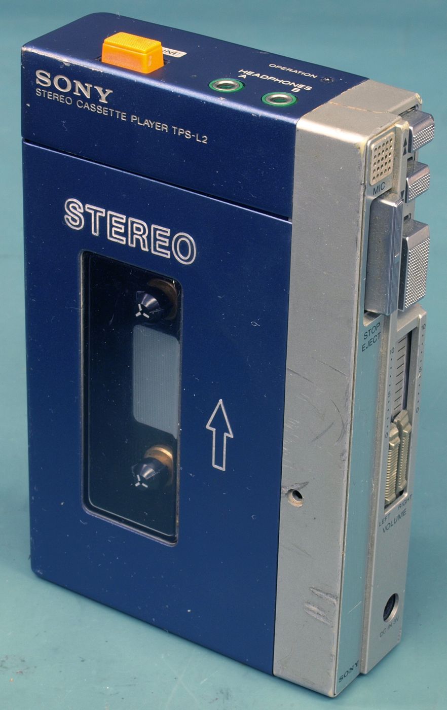 A blue and silver Sony Walkman cassette player